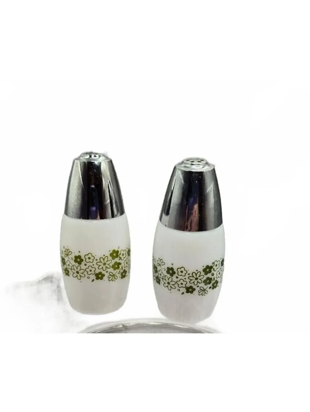 Vtg Spring Blossom Salt and Pepper Shakers with silver tone tops Corningware